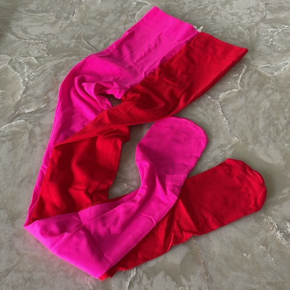 NWT two color hot pink RED stockings one hue each leg fun tights thick tights OS - Picture 2 of 11
